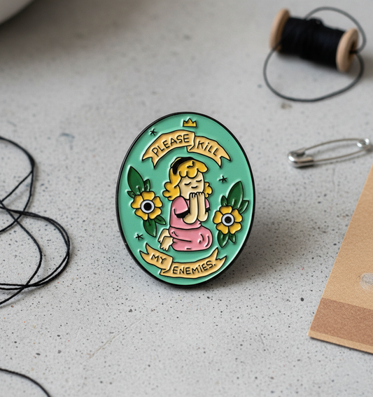 'Please Kill My Enemies' Funny Cute Praying Girl Enamel Pin - Flower Badge Brooch Jewelry